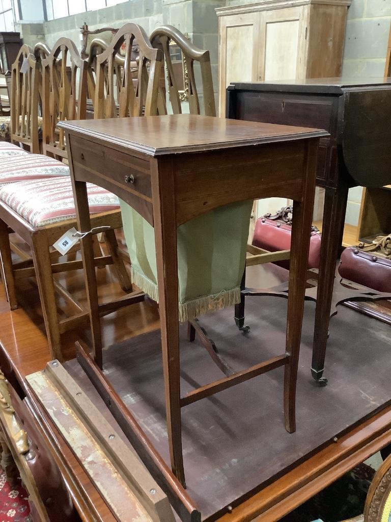 An Edwardian satinwood banded mahogany work table, width 51cm, depth 36cm, height 67cm